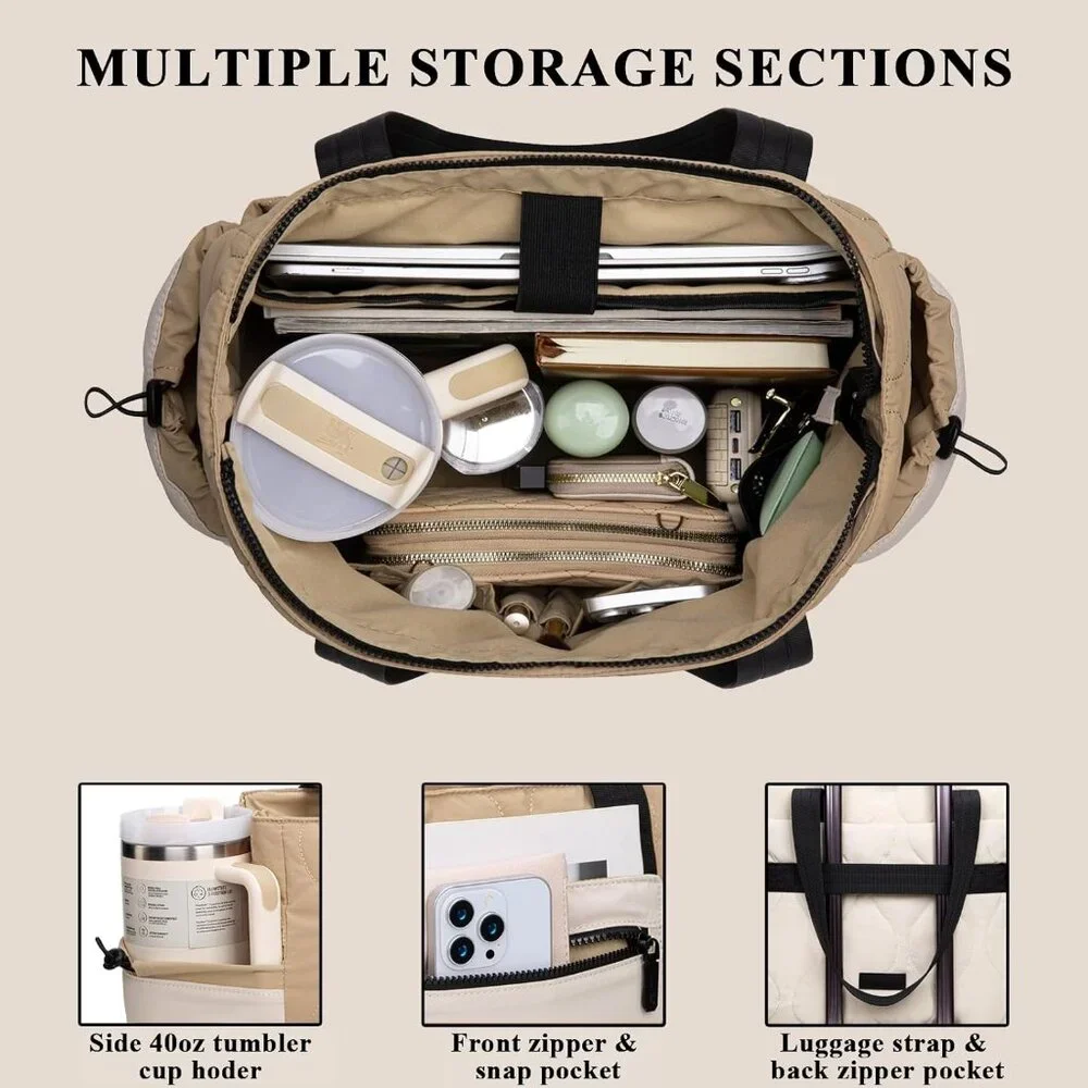 Cream Khaki Lightweight Puffer Tote Bag for Women with Laptop Compartment - Picture 3 of 7